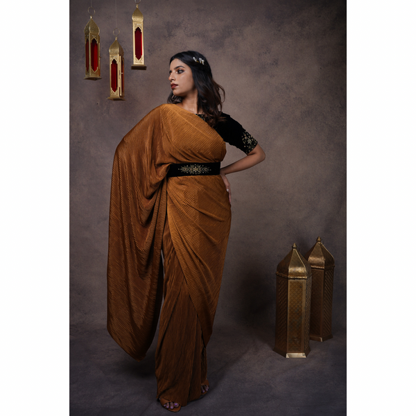 Brew in Gold Pleated Saree - With One Minute Saree Option